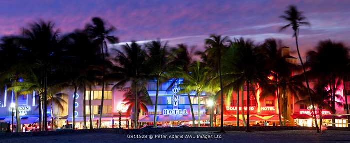 Art deco area with hotels at dusk, Miami Beach, Miami, Florida, USA