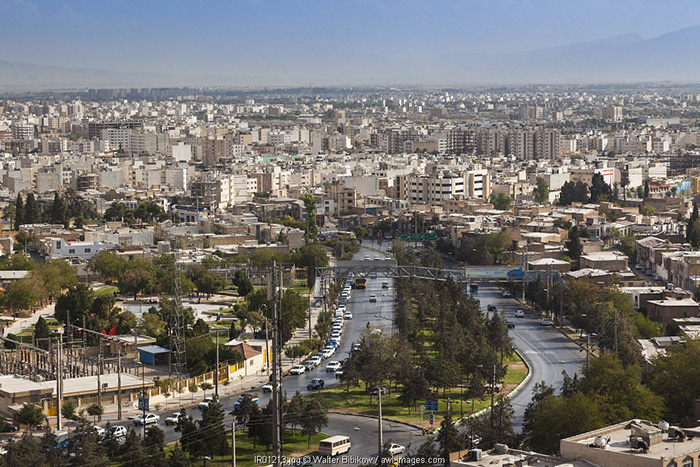 Iran, Central Iran, Shiraz, elevated city skyline from the north